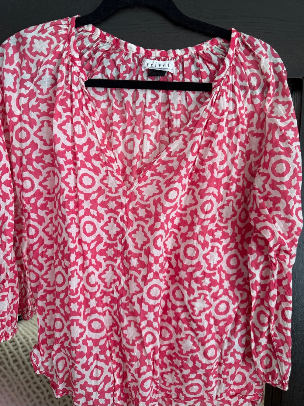 Velvet Pink and White Patterned V-Neck Blouse